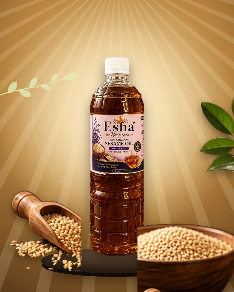 Esha Naturals Sesame Oil with a bowl of sesame seeds