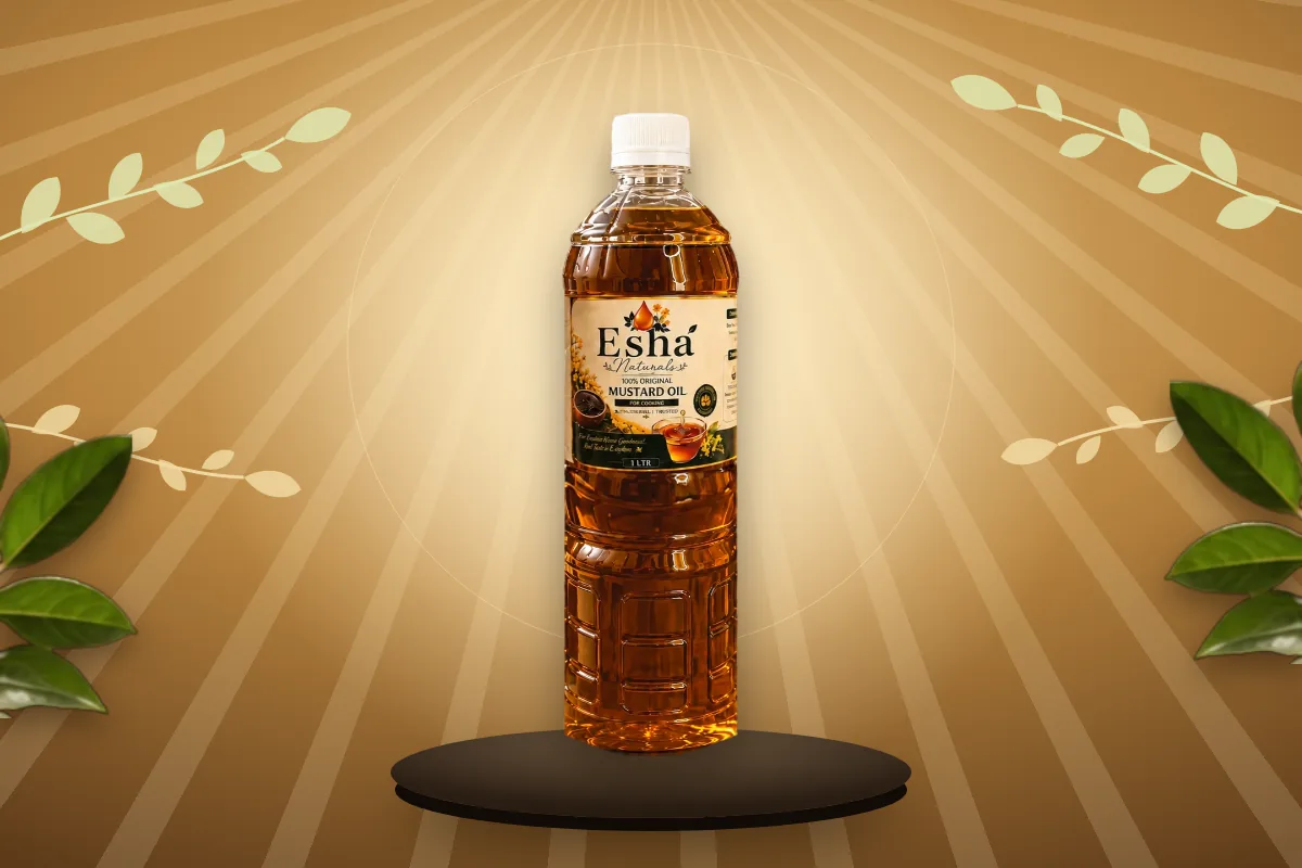 A bottle of Esha Naturals Mustard Cooking Oil in warm light