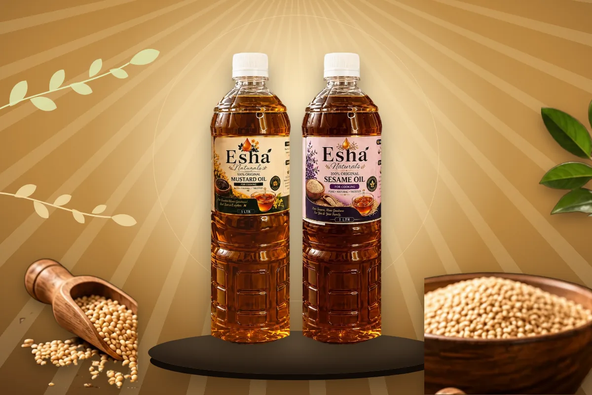 Esha Naturals Mustard Oil and Sesame Oil side by side with sesame seeds