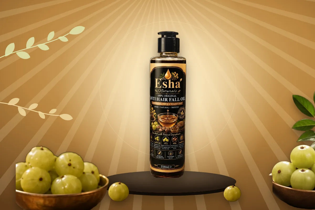 Esha Naturals Anti Hair Fall Oil with bowls of fresh amla